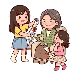 子どもたちがおばあちゃんにプレゼントを渡しているイラスト