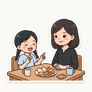 おやつを食べながら母親とおしゃべりしている女の子